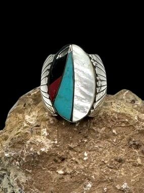 Native American Sterling Silver Turquoise Multi Stone Inlay Ring 7.75